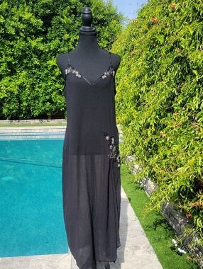 Linea Donatella Sheer Black Floral Embellished Nightgown Lingerie Size M